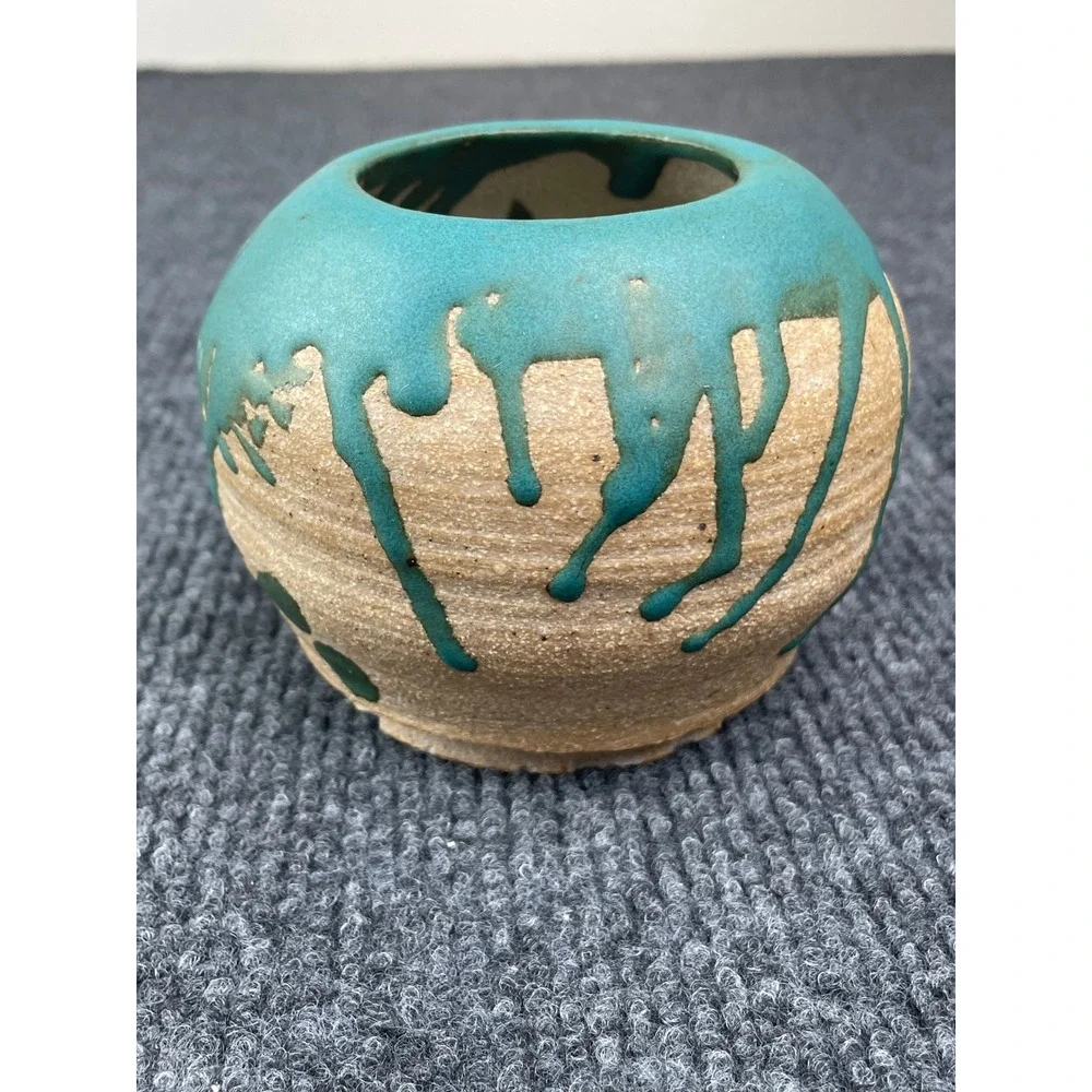 WEX H. Studio Pottery Bud Vase Teal Drip Glaze Tan Stoneware Signed Artisan 4